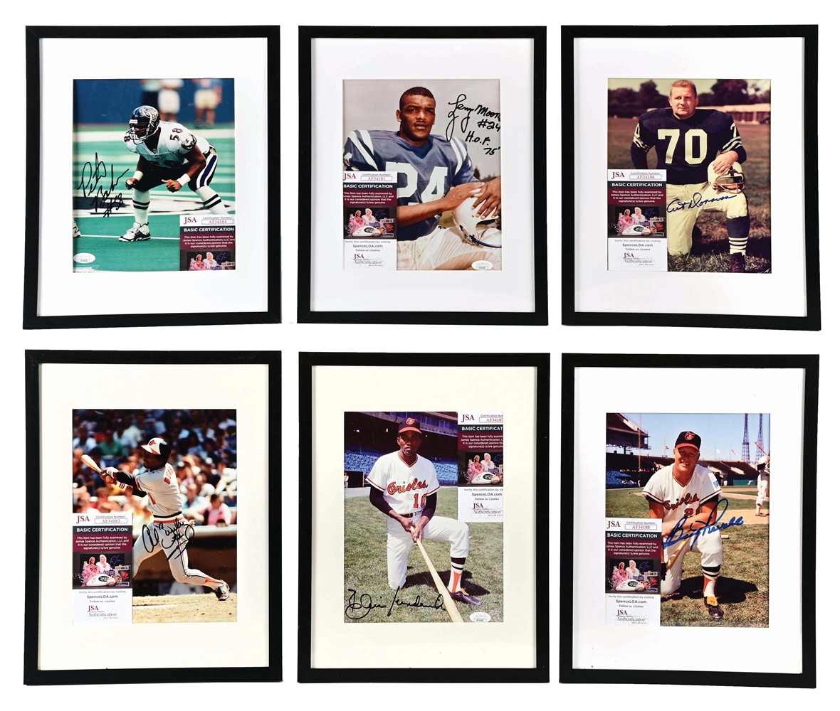 LOT OF 6: VARIOUS BALTIMORE ORIOLES, COLTS, AND RAVENS AUTOGRAPHED PHOTOS.