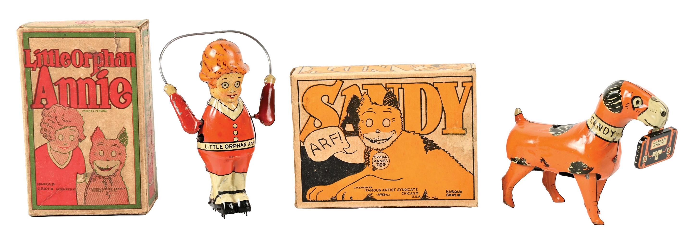 LOT OF 2: MARX TIN LITHO WIND-UP ORPHAN ANNIE & SANDY TOYS.