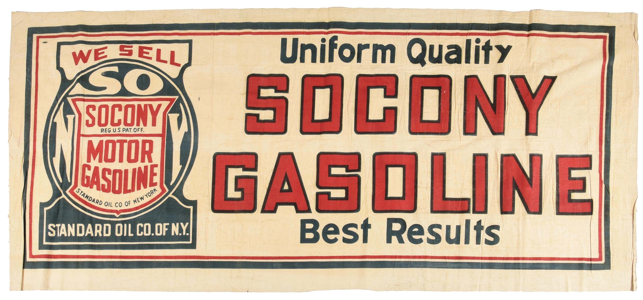 NEW OLD STOCK SOCONY GASOLINE CANVAS SERVICE STATION BANNER.