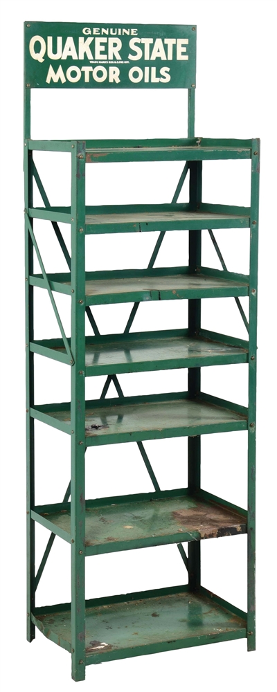 GENUINE QUAKER STATE MOTOR OILS TIN SERVICE STATION CAN DISPLAY RACK. 