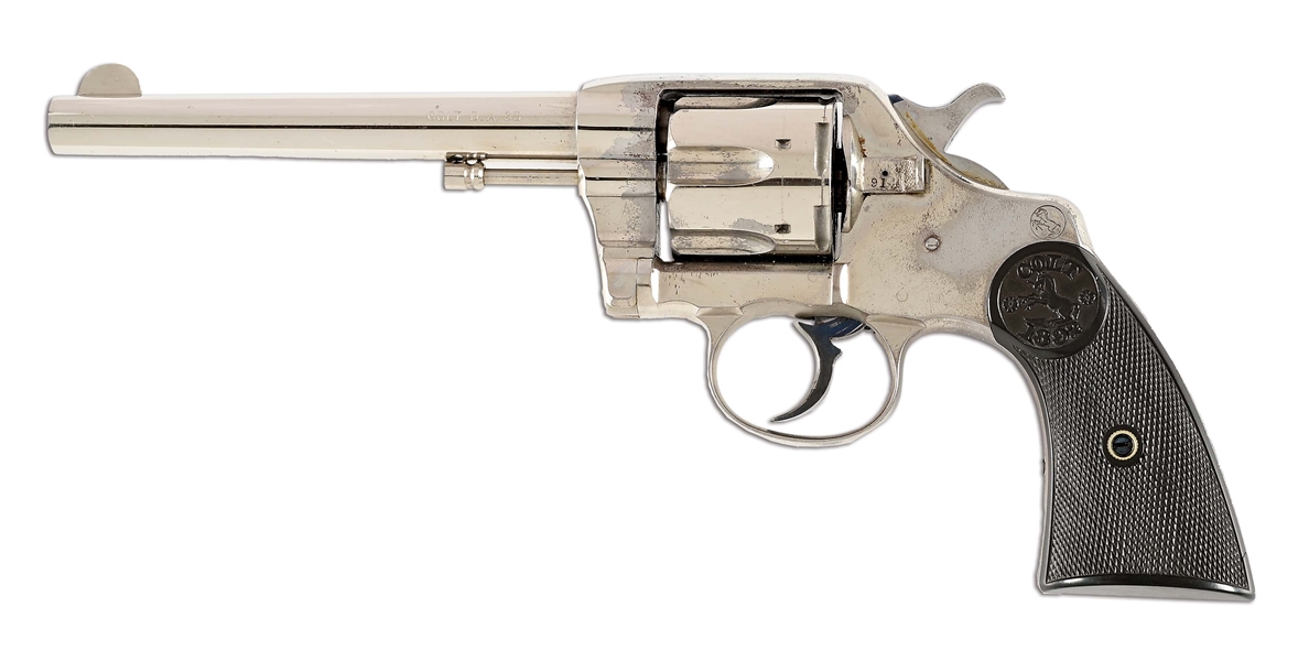(A) VERY ATTRACTIVE NICKEL PLATED COLT MODEL 1892 NEW ARMY REVOLVER WITH MATCHING FACTORY PICTURE BOX & FACTORY LETTER, FORMER COLT ENGINEERING ARCHIVE COLLECTION.
