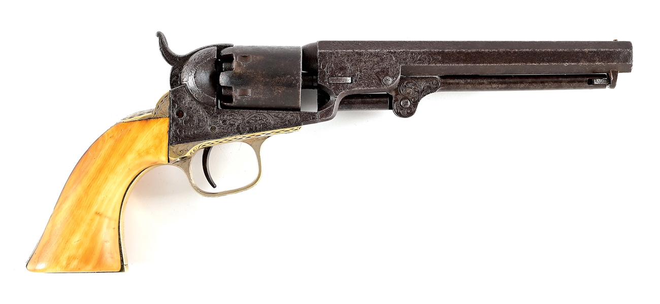(A) DESIRABLE COLT 1849 POCKET REVOLVER, FACTORY ENGRAVED, WITH IVORY GRIPS.