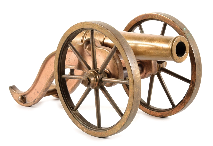 BLACK POWDER BRASS SIGNAL CANNON WITH CARRIAGE.
