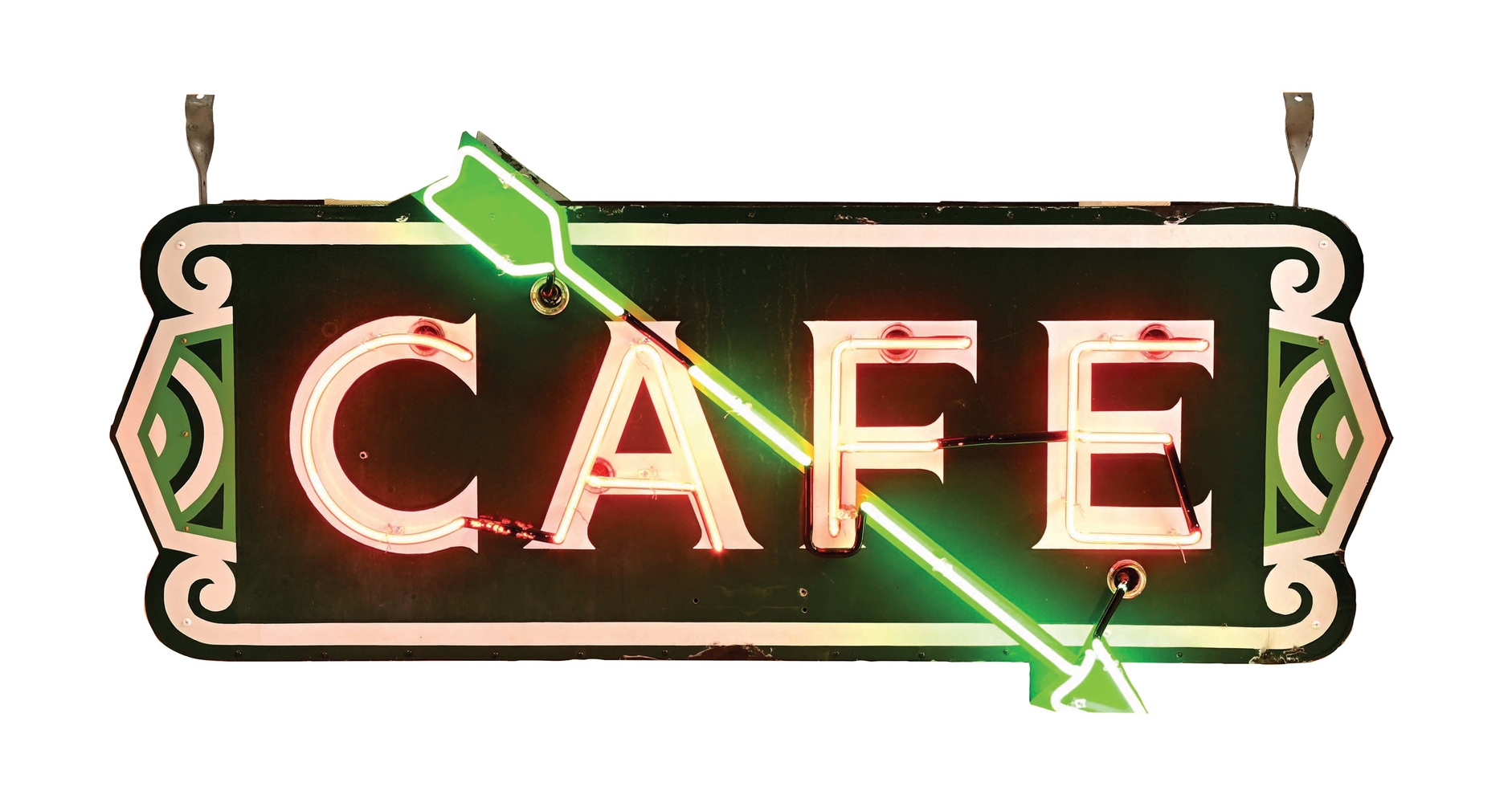 CAFE COMPLETE PORCELAIN NEON SIGN W/ FLASHING ARROW.
