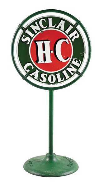 SINCLAIR H-C GASOLINE PORCELAIN LOLLIPOP SIGN W/ SINCLAIR OILS BASE.