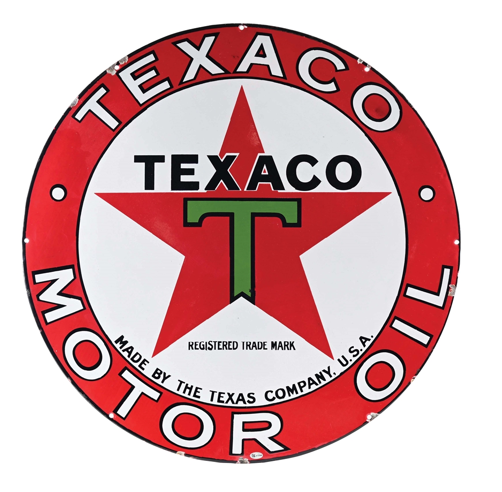 TEXACO MOTOR OIL PORCELAIN TANKER TRUCK SIGN W/ BLACK "T" LOGO.