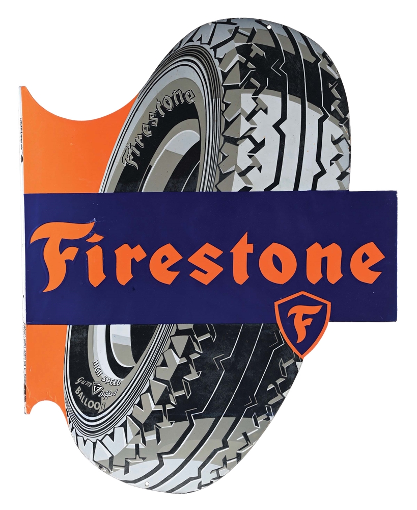 FIRESTONE TIRES PORCELAIN FLANGE SIGN W/ TIRE GRAPHIC.