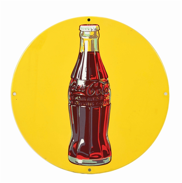 SMALL ROUND YELLOW COCA-COLA BOTTLE SIGN.
