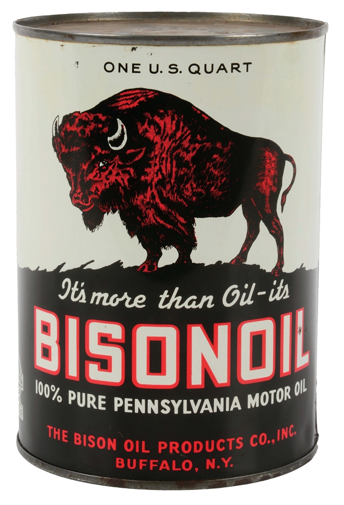 OUTSTANDING BISONOIL MOTOR OIL ONE QUART CAN W/ BISON GRAPHIC. 