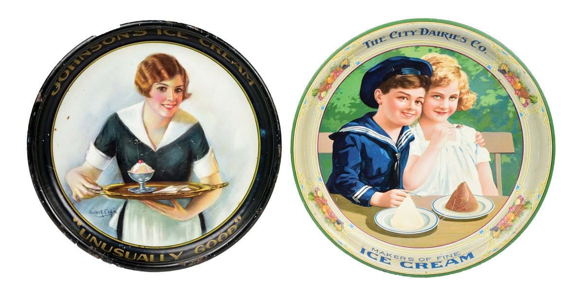 LOT OF 2: JOHNSONS & THE CITY DAIRIES CO. TIN ICE CREAM SERVING TRAYS.