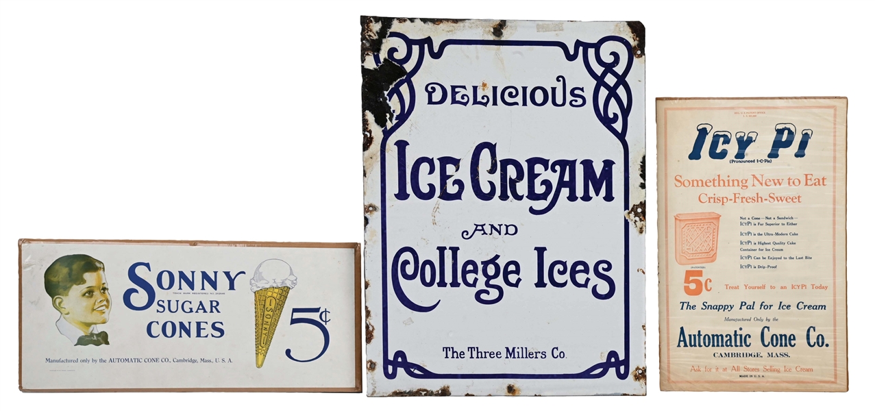 LOT OF 3: DELICIOUS ICE CREAM PORCELAIN SIGN & ICE CREAM CARDBOARD ADS.