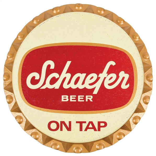 SCHAEFER BEER ON TAP PAINTED TIN BOTTLE CAP SIGN.