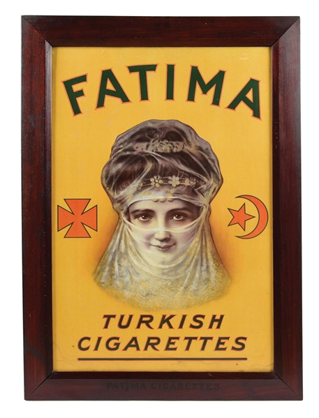 FATIMA TURKISH CIGARETTES PAPER LITHOGRAPH W/ ORIGINAL WOOD FRAME.