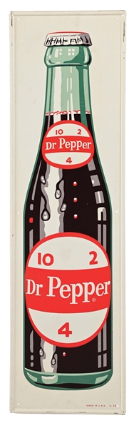 SELF-FRAMED EMBOSSED DR. PEPPER 10, 2 AND 4 TIN SIGN W/ BOTTLE GRAPHIC.