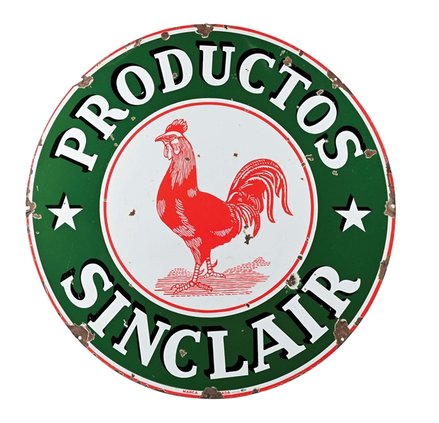 SINCLAIR PRODUCTOS PORCELAIN SIGN W/ ROOSTER GRAPHIC.