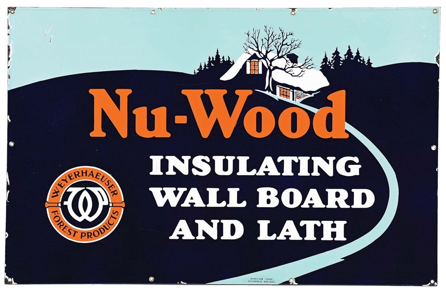 NU-WOOD INSULATING WALL-BOARD PORCELAIN SIGN W/ HOUSE GRAPHIC.