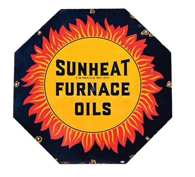 SUNOCO SUNHEAT FURNACE OILS PORCELAIN SIGN W/ SUN GRAPHIC.