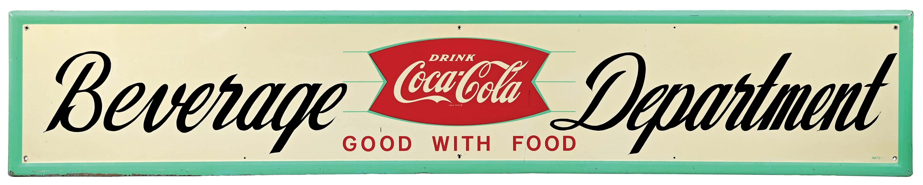 COCA-COLA "BEVERAGE DEPARTMENT" SELF-FRAMED TIN  SIGN W/ FISHTAIL LOGO.