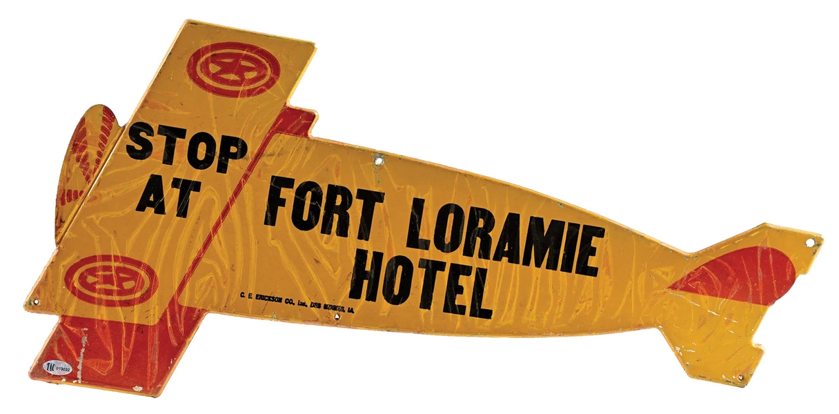 FORT LORAMIE HOTEL DIE-CUT TIN AIRPLANE SIGN.