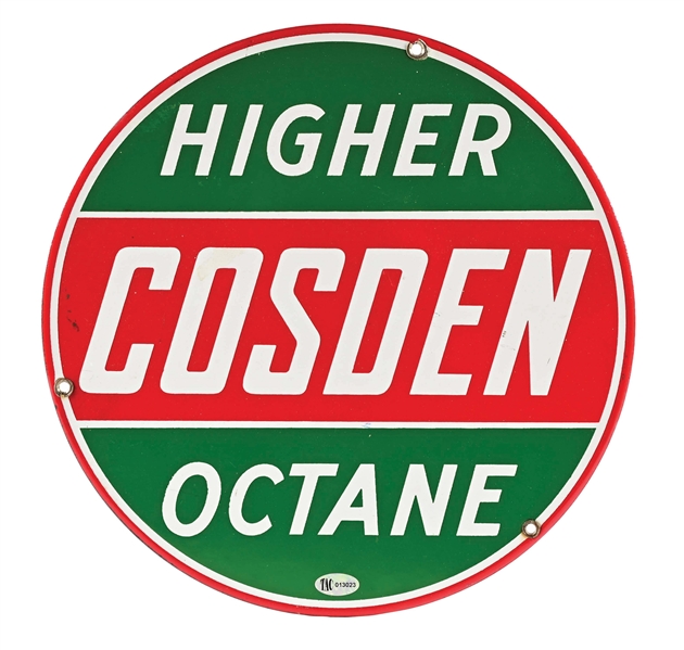 COSDEN HIGHER OCTANE PORCELAIN PUMP PLATE.