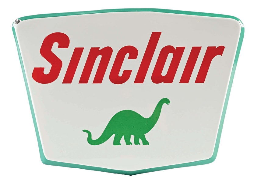 SINCLAIR DIE-CUT PORCELAIN SIGN W/ DINO GRAPHIC.