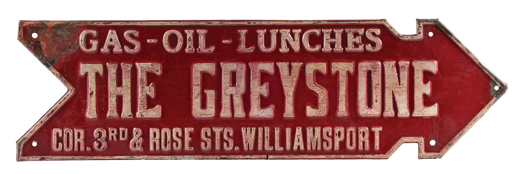 THE GREYSTONE EMBOSSED TIN DIRECTIONAL SIGN.