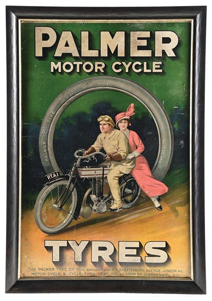 PALMER MOTOR CYCLE TYRES FRAMED CARDSTOCK W/ MOTO CYCLE GRAPHIC.