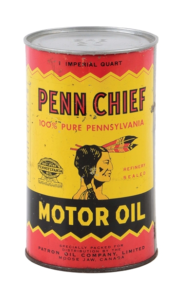 RARE PENN CHIEF MOTOR OIL IMPERIAL QUART CAN W/ NATIVE AMERICAN GRAPHIC. 