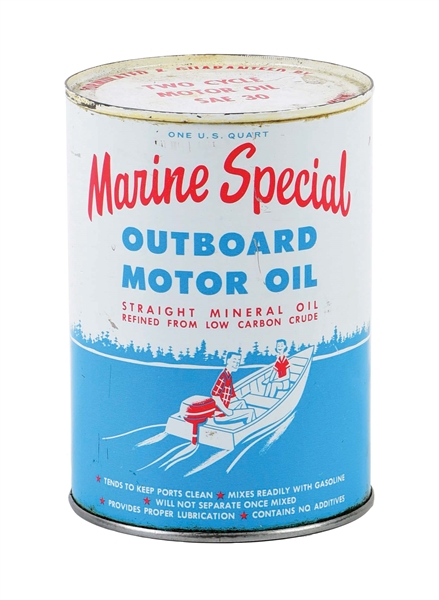 MARINE SPECIAL OUTBOARD MOTOR OIL ONE QUART CAN W/ BOATING SCENE GRAPHIC. 