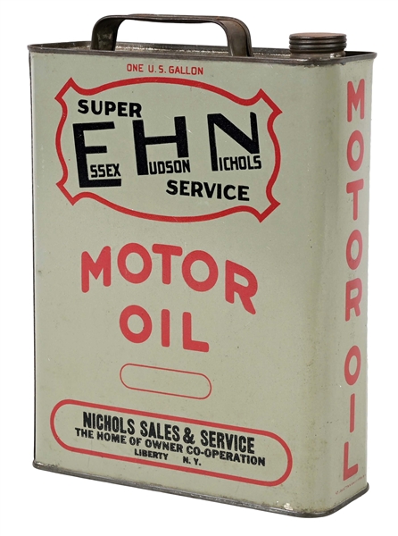 GENERIC ONE GALLON FLAT MOTOR OIL CAN W/ AIRPLANE GRAPHIC FOR NICHOLS SALES & SERVICE. 