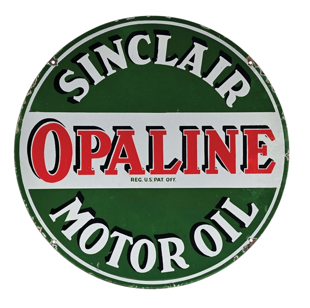 24" SINCLAIR MOTOR OIL PORCELAIN SIGN W/ OPALINE SCRIPT.
