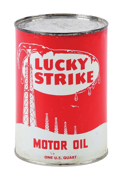 LUCKY STRIKE MOTOR OIL ONE QUART CAN W/ OIL DERRICK GRAPHIC. 
