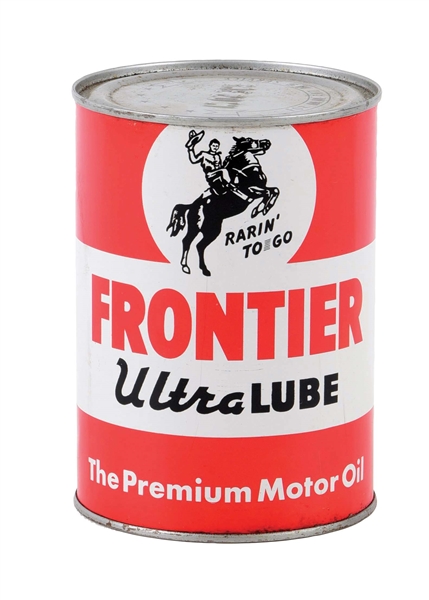 FRONTIER ULTRA LUBE MOTOR OIL ONE QUART CAN W/ COWBOY GRAPHIC. 