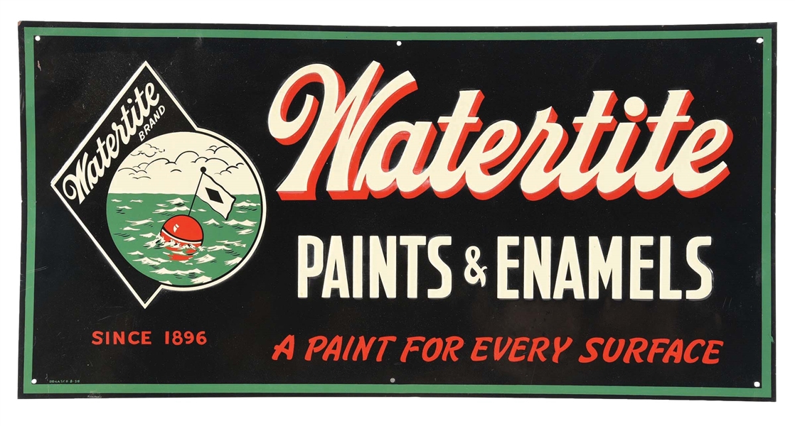 WATERTITE PAINTS & ENAMELS EMBOSSED TIN SIGN W/ MARINE GRAPHIC..