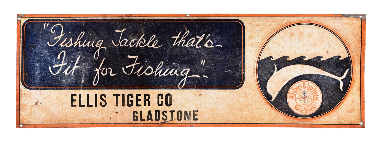 ABBEY & IMBRIE "FISHING TACKLE THATS FIT FOR FISHING" EMBOSSED TIN SIGN W/ MARINE GRAPHIC.