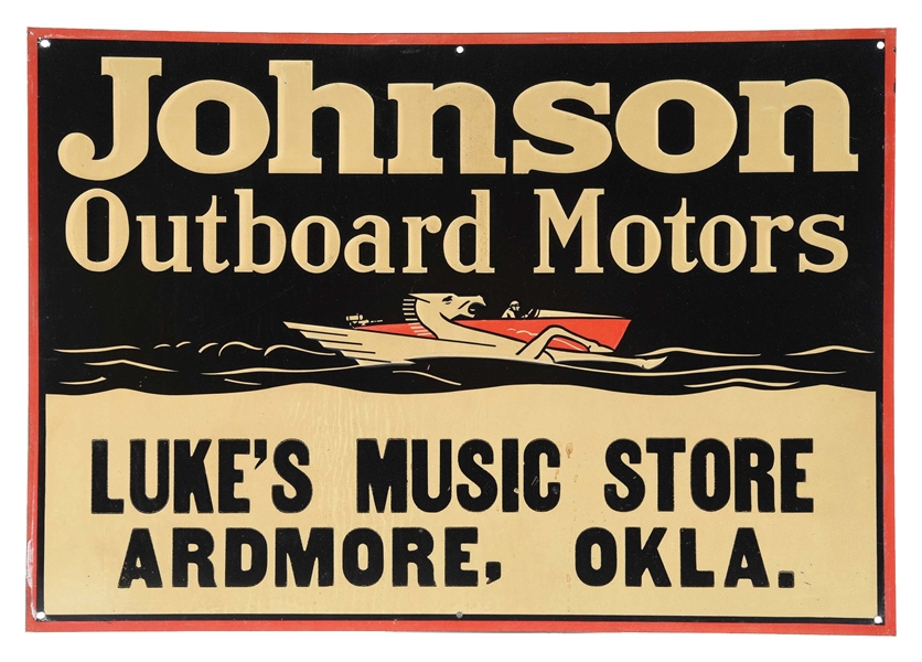 JOHNSON OUTBOARD MOTORS EMBOSSED TIN SIGN W/ SEA HORSE GRAPHIC.