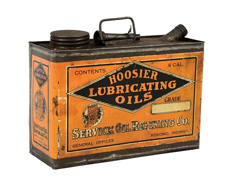 HOOSIER LUBRICATING MOTOR OILS HALF GALLON SQUATTY CAN W/ INDIANA GRAPHIC. 