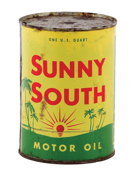 SUNNY SOUTH MOTOR OIL ONE QUART CAN W/ SUN & PALM TREE GRAPHIC. 