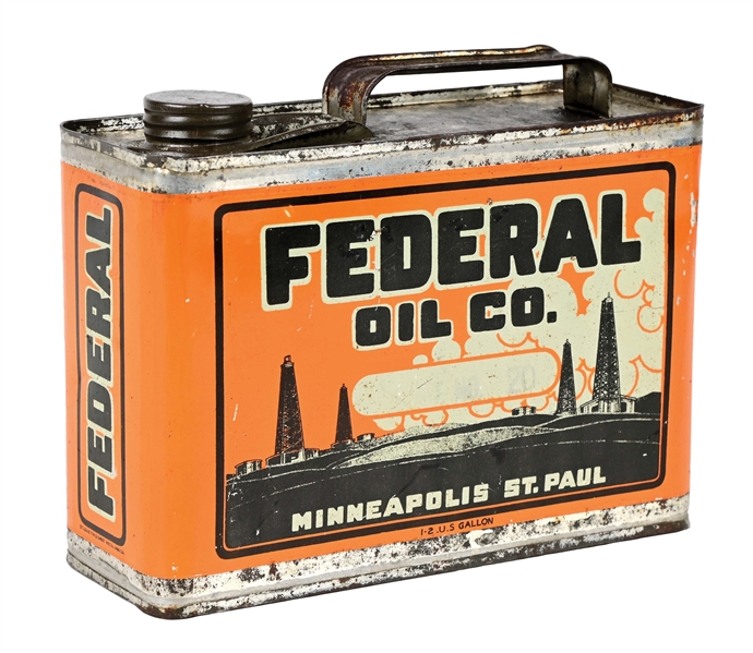 FEDERAL OIL COMPANY MOTOR OILS HALF GALLON FLAT CAN W/ OIL FIELD GRAPHIC. 