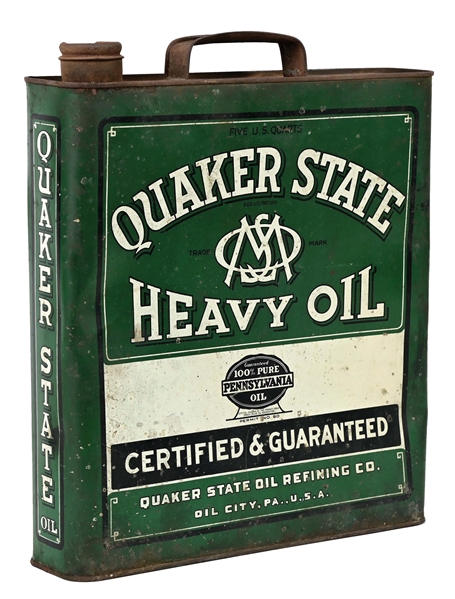 QUAKER STATE HEAVY MOTOR OIL FIVE QUART FLAT CAN.