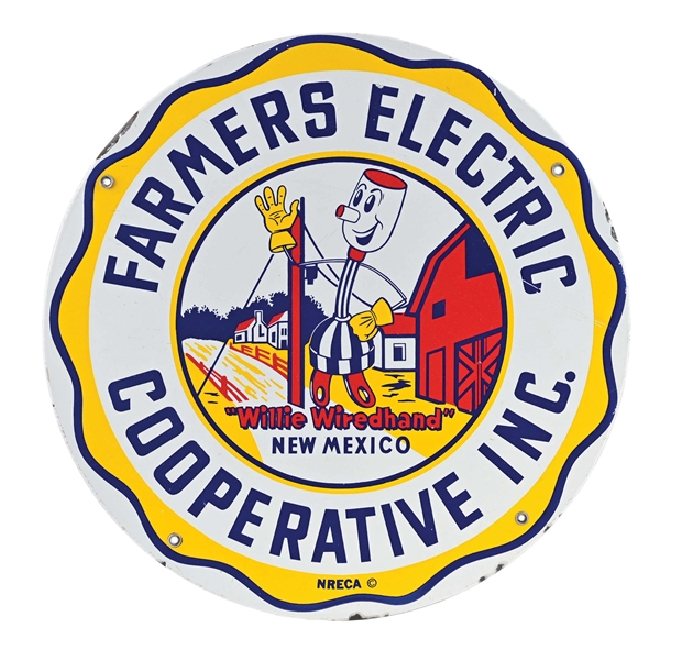 FARMERS ELECTRIC COOPERATIVE PORCELAIN SIGN W/ WILLIE WIREDHAND GRAPHIC.