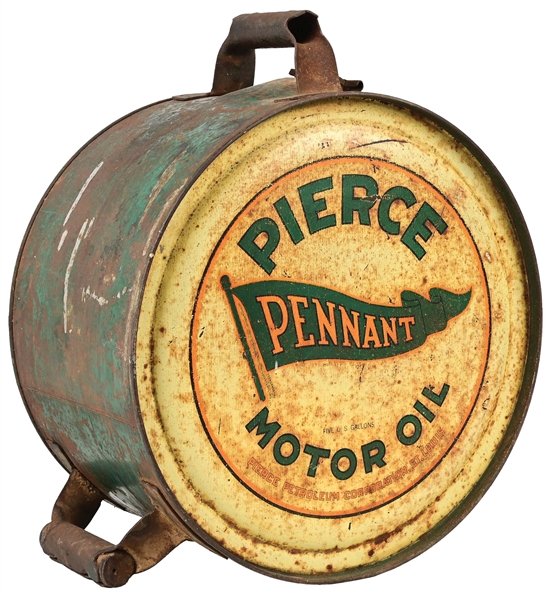 PIERCE PENNANT MOTOR OIL FIVE GALLON ROCKER CAN W/ PENNANT GRAPHIC. 