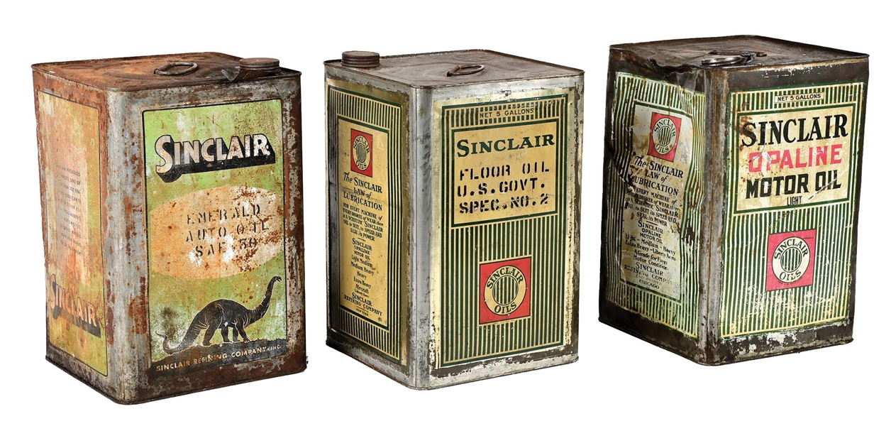 COLLECTION OF 3: SINCLAIR MOTOR OIL FIVE GALLON SQUARE CANS. 