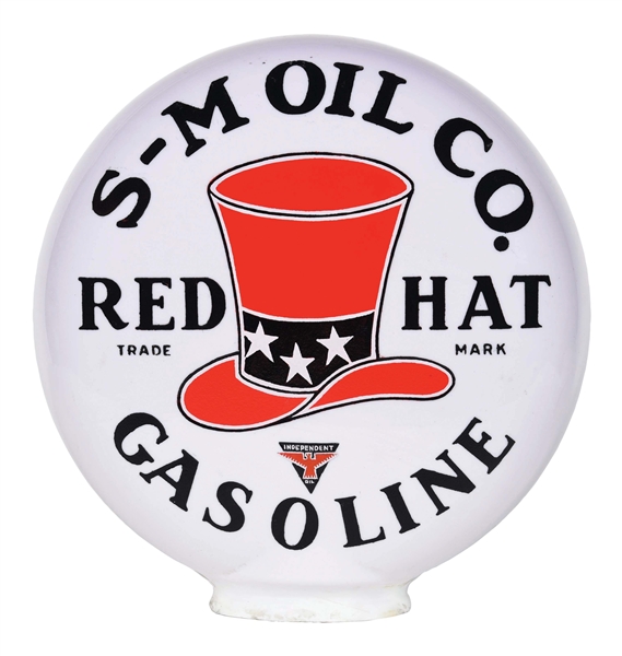 RARE S-M OIL COMPANY RED HAT GASOLINE ONE PIECE ETCHED GLOBE W/ TOP HAT GRAPHIC. 
