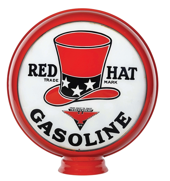 RARE RED HAT GASOLINE "LARGE HAT" 15" SINGLE GLOBE LENS ON HIGH PROFILE METAL BODY. 
