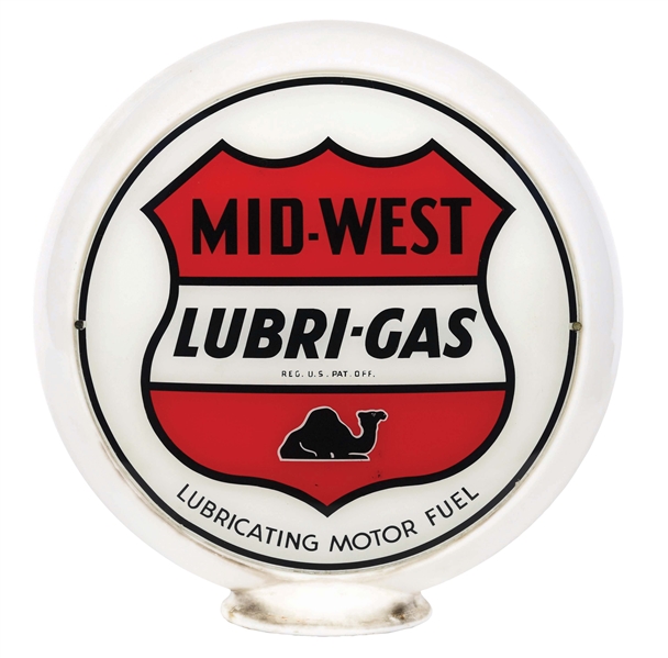 MID-WEST LUBRI-GAS SINGLE 13.5" GLOBE LENS ON NARROW MILK GLASS BODY. 