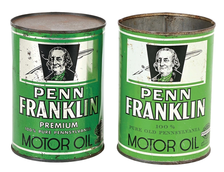 COLLECTION OF 2: PENN FRANKLIN MOTOR OIL ONE QUART CANS W/ BEN FRANKLIN GRAPHIC. 