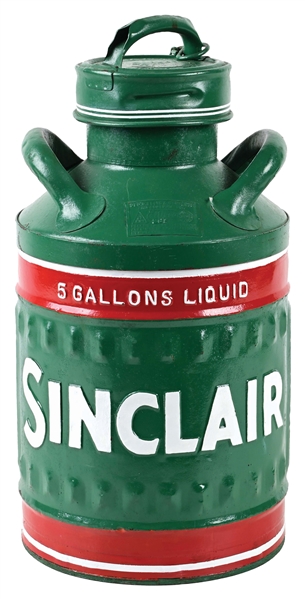 SINCLAIR 5 GALLON OIL JUG W/ EMBOSSED SINCLAIR LETTERING. 