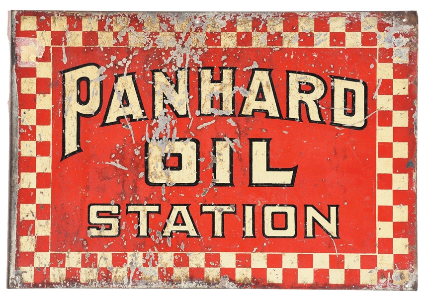 EARLY PANHARD OIL STATION TIN FLANGE SIGN W/ CHECKERBOARD BORDER.