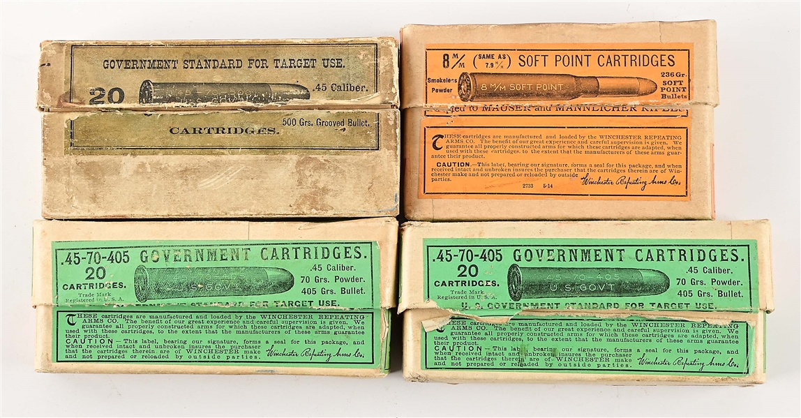 LOT OF 4: ANTIQUE BOXES OF WINCHESTER .45-70 AND 8MM AMMUNITION.